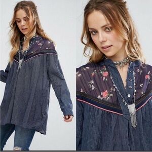 Free People Hearts & Colors Pinstripes and Floral Boho Peasant Blouse